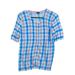 Talbots Womens Sweater White Plaid Short Sleeve Button Down Cotton Blend S